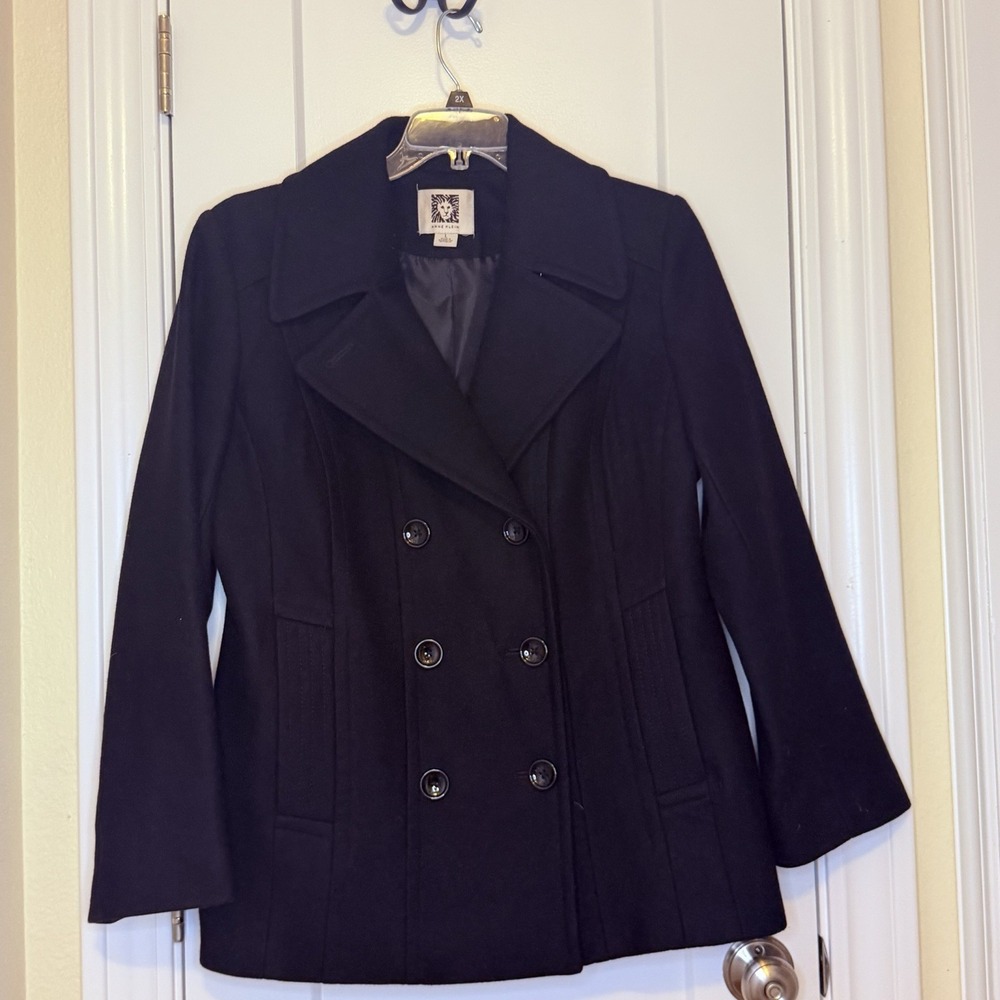 EUC Anne Klein Womens LG Black Wool Blend Double Breasted Peacoat winter coat